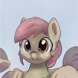 Size: 1024x1024 | Tagged: safe, artist:thisponydoesnotexist, derpibooru import, machine learning generated, pony, bust, ears up, eyebrows, eyelashes, gradient background, image, jpeg, looking at you, nostrils, shading, smiling, smiling at you, solo