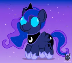 Size: 1347x1177 | Tagged: safe, artist:wheatley r.h., derpibooru import, princess luna, alicorn, pony, chibi, derpibooru exclusive, female, gradient background, image, jpeg, mare, night, night sky, simple background, sky, solo, stars, vector, watermark