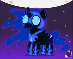 Size: 1460x1177 | Tagged: safe, artist:wheatley r.h., derpibooru import, nightmare moon, alicorn, pony, chibi, derpibooru exclusive, fangs, female, gradient background, image, jpeg, mare, moon, night, night sky, simple background, sky, solo, stars, vector, watermark