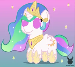 Size: 1320x1177 | Tagged: safe, artist:wheatley r.h., derpibooru import, princess celestia, alicorn, pony, chibi, derpibooru exclusive, female, gradient background, image, jpeg, mare, simple background, solo, stars, vector, watermark