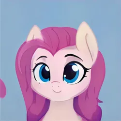 Size: 1024x1024 | Tagged: safe, artist:thisponydoesnotexist, derpibooru import, machine learning generated, pony, blue eyes, bust, ears up, eyelashes, gradient background, image, jpeg, looking at you, nostrils, not pinkie pie, pink mane, raised eyebrows, smiling, smiling at you, solo