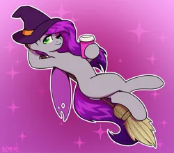 Size: 1880x1653 | Tagged: safe, artist:koapony, derpibooru import, oc, unofficial characters only, changeling, pony, broom, coffee, eyebrows, eyebrows visible through hair, flying, flying broomstick, hat, image, jpeg, one eye closed, solo, sparkles, wink, witch hat