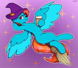 Size: 1880x1653 | Tagged: safe, artist:koapony, derpibooru import, oc, unofficial characters only, pegasus, pony, broom, coffee, colored wings, colored wingtips, eyebrows, eyebrows visible through hair, flying, flying broomstick, hat, image, jpeg, one eye closed, solo, sparkles, spread wings, two toned wings, wings, wink, witch hat