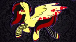 Size: 1920x1080 | Tagged: safe, artist:koapony, derpibooru import, oc, oc:koa, pegasus, pony, blood, clothes, colored wings, colored wingtips, ear piercing, earring, fangs, fishnets, image, jewelry, jpeg, leg warmers, looking at you, open mouth, piercing, scene hair, socks, solo, striped socks, tongue out, two toned wings, wings