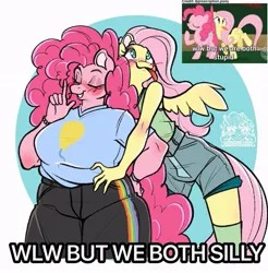 Size: 703x714 | Tagged: safe, artist:shinysolaris, derpibooru import, fluttershy, pinkie pie, anthro, earth pony, pegasus, blushing, bracelet, breasts, busty pinkie pie, chubby, eyes closed, female, flutterpie, image, jewelry, jpeg, lesbian, shipping, solo, thick, tongue out