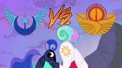 Size: 1280x720 | Tagged: safe, derpibooru import, edit, edited screencap, screencap, princess celestia, princess luna, alicorn, pony, between dark and dawn, april fools, april fools 2023, butt, clothes, duo, duo female, ethereal mane, ethereal tail, female, image, jpeg, lunar republic, mare, moonbutt, new lunar republic, plot, royal sisters, shirt, siblings, sisters, solar empire, sunbutt, tail, versus, vs