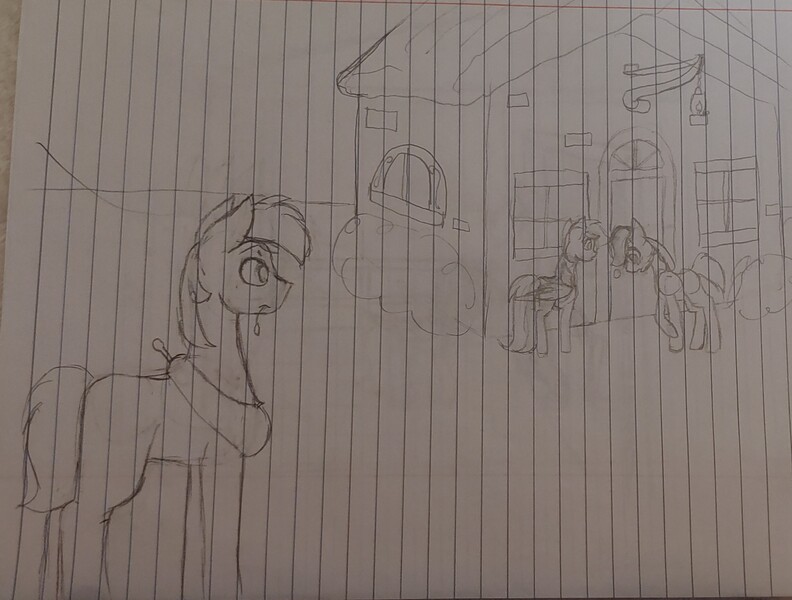 Size: 2468x1869 | Tagged: safe, artist:those kids in the corner, derpibooru import, part of a set, big macintosh, caramel, rainbow dash, earth pony, pegasus, pony, image, jpeg, part of a series, traditional art