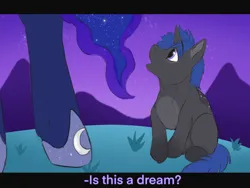 Size: 2000x1500 | Tagged: safe, artist:galaxylatte, derpibooru import, princess luna, oc, oc:galaxylatte, alicorn, pony, unicorn, baby, baby pony, background, curious, dream, female, filly, foal, image, night, png, royalty, scene, simple background, solo, wavy mane