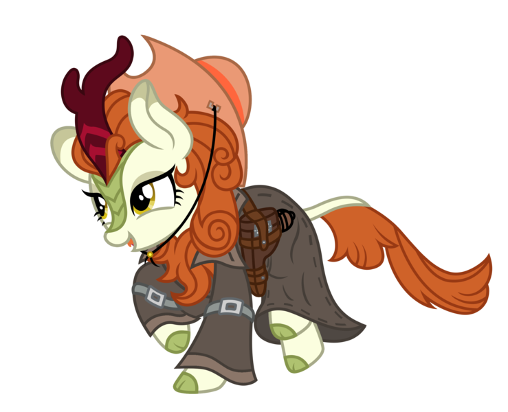 Size: 2749x2233 | Tagged: safe, artist:third uncle, artist:星梦, derpibooru import, edit, autumn blaze, kirin, pony, awwtumn blaze, c96, clothes, cloven hooves, cowboy hat, cute, female, gun, handgun, hat, high res, image, looking left, mare, open mouth, png, pose, simple background, solo, tongue out, transparent background, vector, weapon