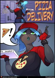 Size: 848x1200 | Tagged: safe, artist:chrysalisdraws, derpibooru import, queen chrysalis, anthro, changeling, changeling queen, comic:pizza delivery, alternate hairstyle, breasts, busty queen chrysalis, clothes, comic, fangs, female, fingerless gloves, food, gloves, image, open mouth, peetzer, pizza, pizza box, pizza delivery, png, speech bubble