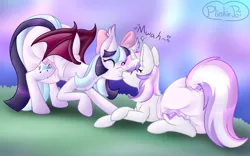 Size: 2250x1400 | Tagged: safe, artist:plinkie_poi, derpibooru import, oc, oc:glam rock, oc:star shower, unofficial characters only, bat pony, pony, unicorn, diaper, diaper fetish, duo, fetish, image, kissing, png, poofy diaper