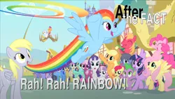 Size: 1280x721 | Tagged: safe, artist:mlp-silver-quill, derpibooru import, aloe, apple bloom, applejack, big macintosh, bon bon, cheerilee, comet tail, derpy hooves, doctor whooves, fluttershy, lotus blossom, lyra heartstrings, minuette, rainbow dash, rumble, scootaloo, spike, sweetie drops, thunderlane, time turner, twilight sparkle, oc, oc:silver quill, pony, after the fact, after the fact:rah! rah! rainbow!, cute, dashabetes, derpabetes, female, filly, image, macabetes, png, ponyville, scootalove, sonic rainboom, title card, twiabetes