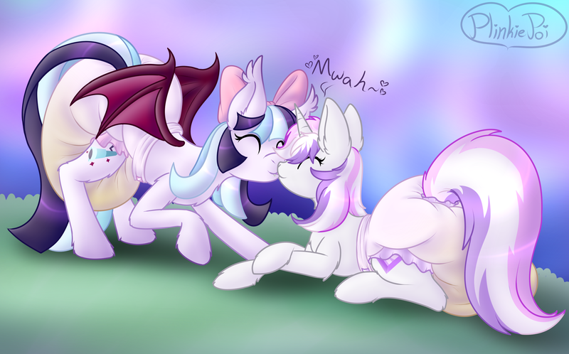 Size: 2250x1400 | Tagged: questionable, artist:plinkie_poi, derpibooru import, oc, oc:glam rock, oc:star shower, unofficial characters only, bat pony, pony, diaper, diaper fetish, fetish, image, kissing, png, wet diaper