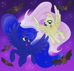 Size: 640x616 | Tagged: safe, artist:stormywitch90, derpibooru import, fluttershy, princess luna, alicorn, bat, pegasus, pony, cute, duo, duo female, female, flying, full moon, image, jpeg, looking at each other, looking at someone, lunabetes, mare, moon, night, night sky, open mouth, open smile, shyabetes, sky, smiling, stars