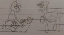 Size: 2045x1130 | Tagged: safe, artist:those kids in the corner, derpibooru import, oc, oc:spark, oc:watercress, earth pony, pony, unicorn, angry, computer, image, jpeg, laptop computer, phone, pregnant, sad, table, traditional art, vent art
