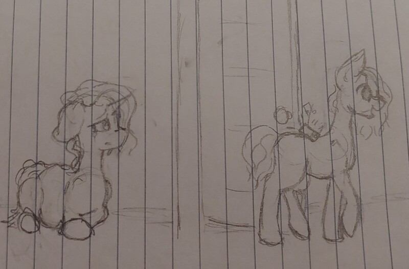 Size: 2349x1545 | Tagged: safe, artist:those kids in the corner, derpibooru import, oc, oc:spark, oc:watercress, earth pony, pony, unicorn, happy, image, jpeg, open door, pregnant, sad, traditional art, vent art, walking, walking away