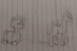 Size: 2349x1545 | Tagged: safe, artist:those kids in the corner, derpibooru import, oc, oc:spark, oc:watercress, earth pony, pony, unicorn, happy, image, jpeg, open door, pregnant, sad, traditional art, vent art, walking, walking away