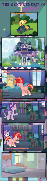 Size: 1152x4435 | Tagged: safe, derpibooru import, applejack, starlight glimmer, oc, oc:nightshade (digimonlover101), oc:star curve, changepony, hybrid, pony, unicorn, comic:the next generation, bed, female, image, interspecies offspring, mare, offspring, parent:king sombra, parent:queen chrysalis, parent:starlight glimmer, parent:sunburst, parents:chrysombra, parents:starburst, png