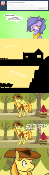 Size: 1280x4557 | Tagged: safe, artist:lolepopenon, derpibooru import, braeburn, oc, oc:billie, earth pony, pony, ask billie the kid, apple, ask, clothes, female, filly, foal, food, hat, image, jacket, male, png, stallion