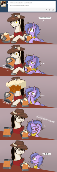 Size: 1280x3831 | Tagged: safe, artist:lolepopenon, derpibooru import, oc, oc:billie, earth pony, pony, ask billie the kid, ask, female, filly, foal, hat, image, male, png, prank, stallion