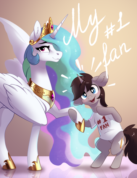 Size: 1992x2583 | Tagged: safe, artist:28gooddays, derpibooru import, princess celestia, oc, oc:greyline, alicorn, pony, unicorn, clothes, commission, duo, holding hooves, image, open mouth, open smile, png, shirt, smiling, t-shirt, ych result