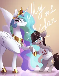Size: 1992x2583 | Tagged: safe, artist:28gooddays, derpibooru import, princess celestia, oc, oc:greyline, alicorn, pony, unicorn, clothes, commission, duo, holding hooves, image, open mouth, open smile, png, shirt, smiling, t-shirt, ych result