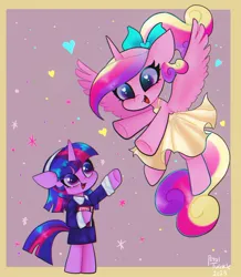 Size: 1316x1511 | Tagged: safe, artist:petaltwinkle, derpibooru import, princess cadance, twilight sparkle, alicorn, pony, semi-anthro, unicorn, book, clothes, cute, cutedance, dress, duo, female, filly, filly twilight sparkle, floating heart, heart, heart eyes, image, jpeg, looking at each other, looking at someone, signature, smiling, smiling at each other, spread wings, stars, teen princess cadance, twiabetes, unicorn twilight, wingding eyes, wings, younger