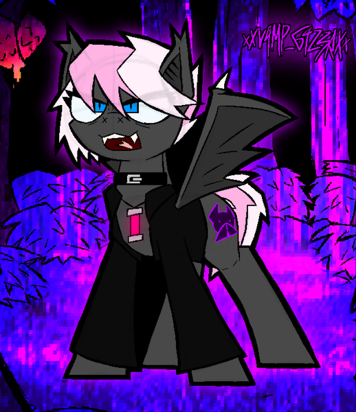 Size: 1226x1420 | Tagged: safe, artist:xxv4mp_g4z3rxx, derpibooru import, oc, oc:good vibes, bat pony, pony, bat ponified, bat pony oc, bat wings, fangs, food, forest, glowstick, image, mango, night, nonbinary, open mouth, png, race swap, solo, tail, tree, two toned mane, two toned tail, wings