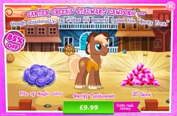 Size: 1961x1297 | Tagged: safe, derpibooru import, official, sheriff tumbleweed, earth pony, pony, advertisement, clothes, costs real money, cowboy hat, english, gameloft, gem, hat, image, jpeg, magic coins, male, mobile game, my little pony: magic princess, numbers, sale, solo, solo focus, stallion, text, unshorn fetlocks, vest