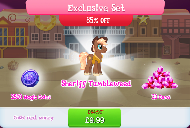 Size: 1268x858 | Tagged: safe, derpibooru import, official, sheriff tumbleweed, earth pony, pony, bundle, clothes, costs real money, cowboy hat, english, gameloft, gem, hat, image, jpeg, magic coins, male, mobile game, my little pony: magic princess, numbers, sale, solo, solo focus, stallion, text, unshorn fetlocks, vest