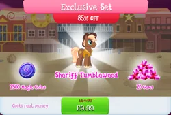 Size: 1268x858 | Tagged: safe, derpibooru import, official, sheriff tumbleweed, earth pony, pony, bundle, clothes, costs real money, cowboy hat, english, gameloft, gem, hat, image, jpeg, magic coins, male, mobile game, my little pony: magic princess, numbers, sale, solo, solo focus, stallion, text, unshorn fetlocks, vest