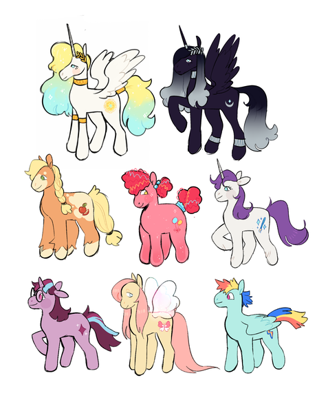 Size: 1819x2287 | Tagged: safe, artist:peachybats, derpibooru import, applejack, fluttershy, pinkie pie, princess celestia, princess luna, rainbow dash, rarity, twilight sparkle, alicorn, earth pony, pegasus, pony, unicorn, g5, applejack (g5 concept leak), applejack (g5), blush sticker, blushing, fluttershy (g5 concept leak), fluttershy (g5), g5 concept leaks, glasses, hair braid, horn, image, laurel wreath, mane six, mane six (g5), pinkie pie (g5 concept leak), pinkie pie (g5), png, rainbow dash (g5 concept leak), rainbow dash (g5), raised hoof, rarity (g5 concept leak), rarity (g5), redesign, simple background, smiling, spread wings, tail, tail wrap, twilight sparkle (g5 concept leak), twilight sparkle (g5), unicorn twilight, unshorn fetlocks, white background, wings