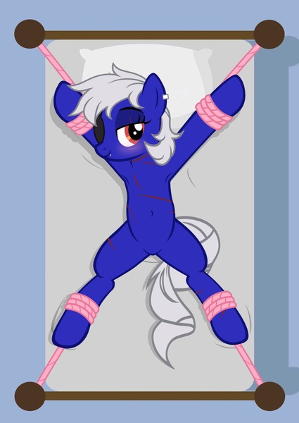 Size: 1536x2166 | Tagged: safe, artist:equestria secret guard, derpibooru import, oc, oc:miss yin, oc:银小姐, unofficial characters only, earth pony, pony, armpits, bed, bedroom eyes, belly button, blushing, bondage, earth pony oc, eye scar, eyepatch, facial scar, featureless crotch, female, happy, happy bondage, helpless, image, jpeg, looking at you, lying down, mare, on back, on bed, rope, rope bondage, scar, sexy, show accurate, solo, spread eagle, spread legs, spreading, tied to bed, tied up
