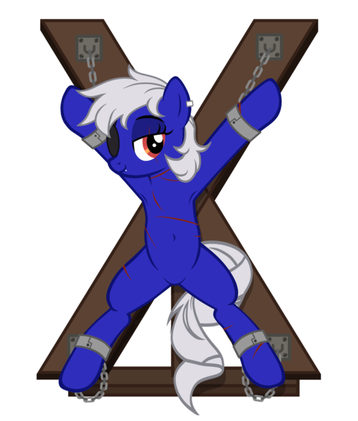 Size: 3970x4675 | Tagged: safe, artist:equestria secret guard, derpibooru import, oc, oc:miss yin, oc:银小姐, unofficial characters only, earth pony, pony, armpits, bedroom eyes, belly button, bondage, bondage cross, bondage cuffs, bondage furniture, bondage gear, bound, chains, cuffs, earth pony oc, eye scar, eyepatch, facial scar, featureless crotch, female, happy, happy bondage, helpless, image, looking at you, lying down, mare, png, restrained, scar, sexy, show accurate, simple background, solo, spread eagle, spread legs, spreading, tied up, transparent background