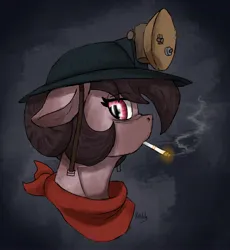 Size: 2464x2676 | Tagged: safe, artist:reddthebat, derpibooru import, oc, oc:number nine, unofficial characters only, earth pony, pony, bust, cigarette, female, floppy ears, headlamp, helmet, image, jpeg, looking at you, mare, mining helmet, mouth hold, neckerchief, profile, smoking, solo