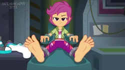 Size: 8000x4500 | Tagged: safe, alternate version, artist:metalhead97, derpibooru import, scootaloo, human, equestria girls, equestria girls series, alternate clothes, annoyed, barefoot, chair, clothes, feet, female, fetish, foot fetish, foot focus, image, indoors, laboratory, looking at you, older, older scootaloo, png, reclining, scootaloo is not amused, scootasub, shoes, short hair, sitting, teeth, unamused