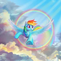 Size: 2400x2381 | Tagged: safe, artist:allegrenix, derpibooru import, rainbow dash, pegasus, pony, cloud, crepuscular rays, female, flying, frog (hoof), high res, image, jpeg, mare, open mouth, open smile, rainbow, sky, smiling, solo, sonic rainboom, spread wings, underhoof, wings