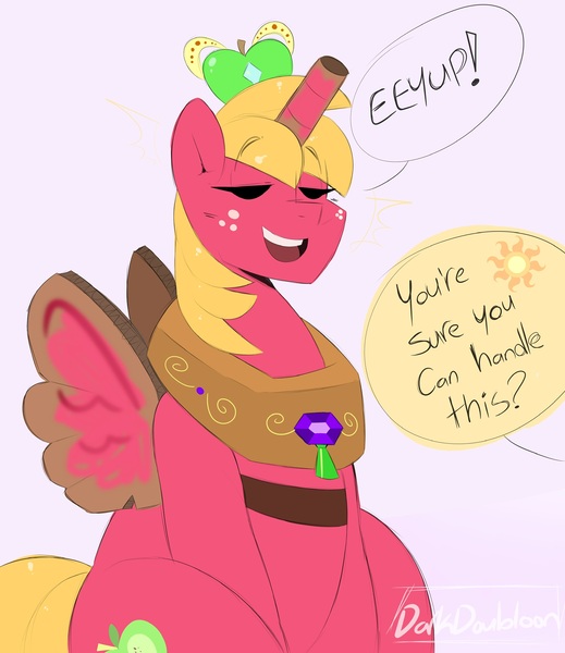 Size: 1650x1906 | Tagged: safe, artist:darkdoubloon, derpibooru import, big macintosh, alicorn, earth pony, pony, alicorn costume, alicornified, clothes, costume, eyebrows, eyebrows visible through hair, eyes closed, fake horn, fake wings, freckles, image, implied princess celestia, jpeg, male, offscreen character, open mouth, princess big mac, race swap, simple background, smiling, solo, speech bubble, stallion, white background