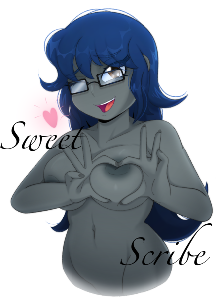 Size: 1921x2649 | Tagged: questionable, artist:spicyredfox, derpibooru import, oc, human, equestria girls, blue hair, breasts, glasses, grey skin, heart hands, humanized, image, nipples, nudity, one eye closed, png, solo, text, wink
