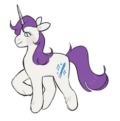 Size: 667x675 | Tagged: safe, artist:peachybats, derpibooru import, rarity, pony, unicorn, g5, blush sticker, blushing, female, g5 concept leaks, horn, image, mare, png, raised hoof, rarity (g5 concept leak), redesign, simple background, smiling, solo, tail, white background