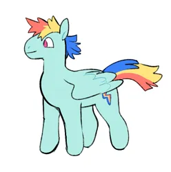 Size: 643x649 | Tagged: safe, artist:peachybats, derpibooru import, rainbow dash, pegasus, pony, g5, female, g5 concept leaks, image, mare, png, rainbow dash (g5 concept leak), redesign, simple background, smiling, solo, tail, white background, wings
