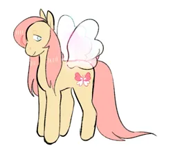 Size: 727x669 | Tagged: safe, artist:peachybats, derpibooru import, fluttershy, pegasus, pony, g5, female, fluttershy (g5 concept leak), g5 concept leaks, image, lidded eyes, looking back, mare, png, redesign, simple background, smiling, solo, spread wings, tail, transparent wings, white background, wings