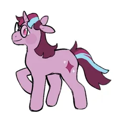 Size: 645x633 | Tagged: safe, artist:peachybats, derpibooru import, twilight sparkle, pony, unicorn, g5, blush sticker, blushing, female, g5 concept leaks, glasses, horn, image, mare, png, raised hoof, redesign, simple background, smiling, solo, tail, twilight sparkle (g5 concept leak), unicorn twilight, white background