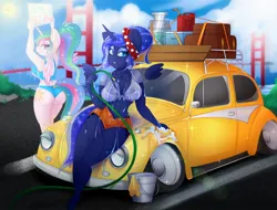 Size: 1750x1330 | Tagged: suggestive, artist:spicyredfox, derpibooru import, princess celestia, princess luna, alicorn, anthro, ass, bra, breasts, busty princess celestia, busty princess luna, butt, car, car wash, clothes, duo, duo female, female, females only, floating wings, golden gate bridge, grin, image, jpeg, lip bite, looking at you, midriff, ponytail, royal sisters, siblings, sisters, smiling, smiling at you, stupid sexy celestia, stupid sexy princess luna, sunbutt, underwear, volkswagen beetle, water, wings
