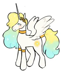 Size: 1280x1420 | Tagged: safe, artist:peachybats, derpibooru import, princess celestia, alicorn, pony, blush sticker, blushing, female, horn, image, laurel wreath, mare, png, redesign, simple background, solo, spread wings, tail, tail band, white background, wings