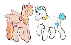 Size: 1280x816 | Tagged: safe, artist:peachybats, derpibooru import, princess cadance, shining armor, alicorn, pony, unicorn, blush sticker, blushing, choker, duo, duo male and female, female, horn, image, looking at each other, looking at someone, male, mare, png, redesign, requested art, shiningcadance, shipping, short tail, simple background, smiling, spread wings, straight, tail, white background, wings