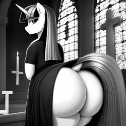 Size: 2560x2560 | Tagged: suggestive, derpibooru import, machine learning generated, novelai, stable diffusion, twilight sparkle, semi-anthro, unicorn, bipedal, black and white, butt, buttcheeks, church, clothes, grayscale, image, large butt, looking at you, monochrome, noir, nun, nun outfit, png, rear view, sensual, skirt, smiling, smiling at you, stupid sexy twilight, sultry pose, the ass was fat, twibutt, unicorn twilight, wardrobe malfunction