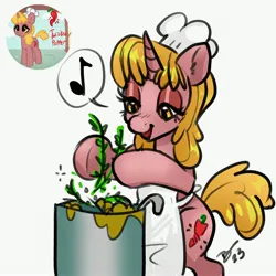 Size: 2700x2700 | Tagged: safe, artist:opalacorn, derpibooru import, oc, oc:twisted pepper, unofficial characters only, pony, unicorn, apron, bipedal, chef's hat, clothes, cooking pot, female, hat, image, jpeg, lidded eyes, mare, simple background, solo, white background