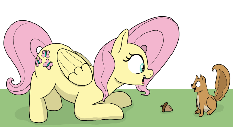 Size: 4443x2416 | Tagged: safe, artist:doodledonutart, derpibooru import, fluttershy, pegasus, pony, squirrel, acorn, cute, duo, high res, image, looking at each other, looking at someone, open mouth, open smile, png, shyabetes, simple background, smiling, white background