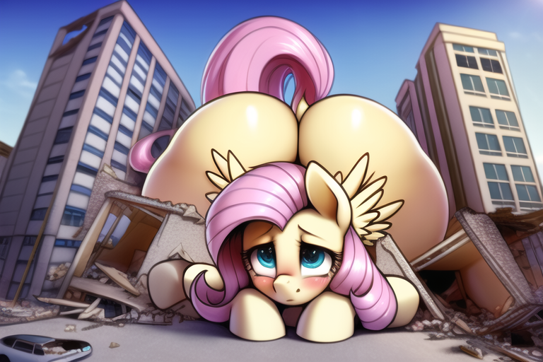 Size: 768x512 | Tagged: suggestive, derpibooru import, editor:giantpony, machine learning generated, novelai, stable diffusion, fluttershy, pegasus, pony, blushing, butt, embarrassed, estrus, female, giant pony, giantess, growth, height difference, huge butt, image, impossibly large butt, large butt, macro, macro/micro, png, story included, the ass was fat, thighs, thunder thighs, wide hips